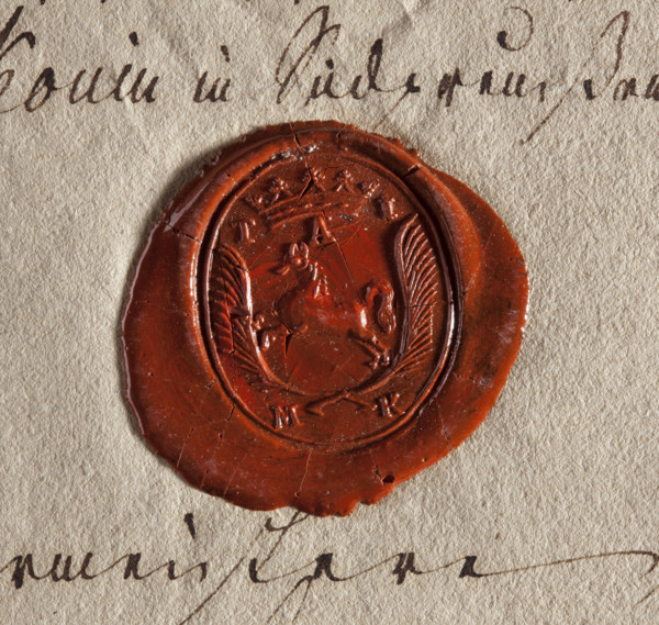 Oval wax seal of the town of Konin, Kalisz Voivodeship. A horse running to the right. Above it a