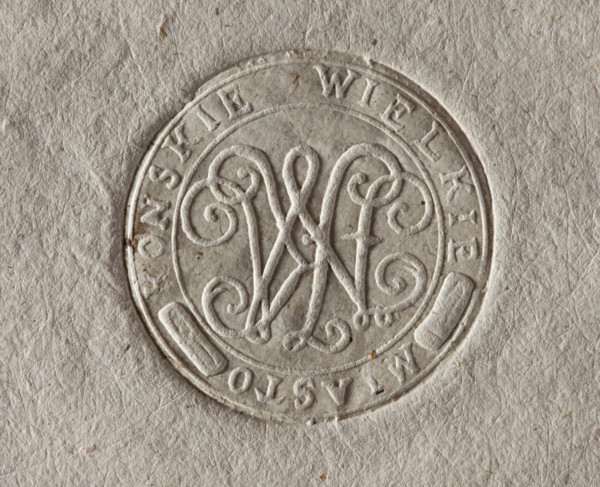 Round seal impression of the town of Konskie Wielkie with the monogram of the Chancellor JMK (Jan