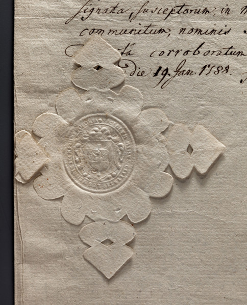 Oval seal impression of the town of Leszno in Greater Poland. In the middle of the baroque shield,