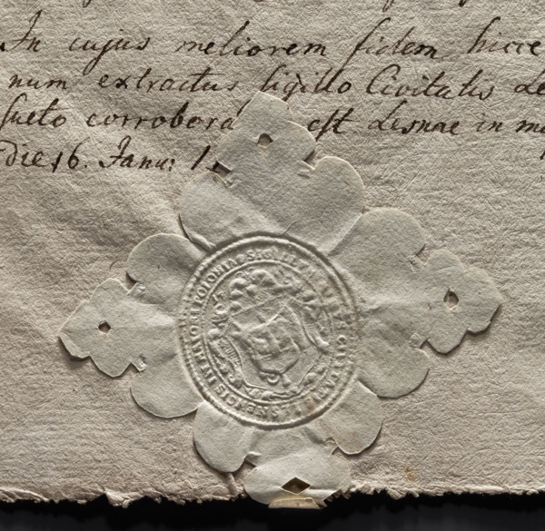 Oval seal impression of the town of Leszno in Greater Poland. In the middle of the baroque shield,
