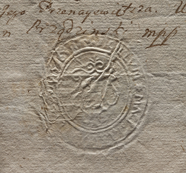 Oval imprint of the seal of the town of Luków, Podlaskie Voivodeship. Illegible drawing in the