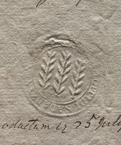 Round imprint of the seal of the town of Nadarzyn. Three vertically positioned branches. Illegible