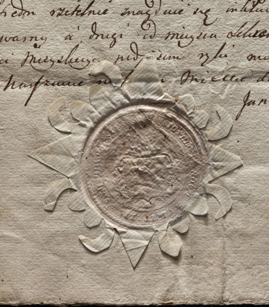 Round seal impression of Warsaw - Nowe Miasto. Richly decorated shield with illegible coat of arms.