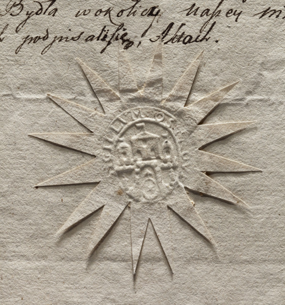 Oval seal impression of the city of Ostrowiec. City walls with three towers with flags on the roofs