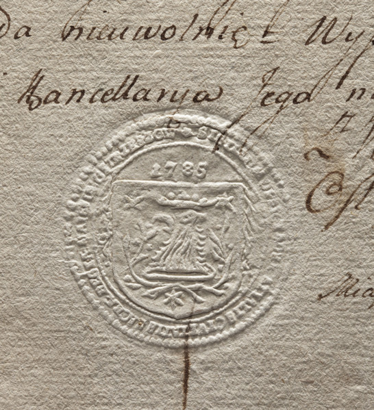 Round seal impression of the court of lay judges and mayors of the town of Ostrzeszów. On the