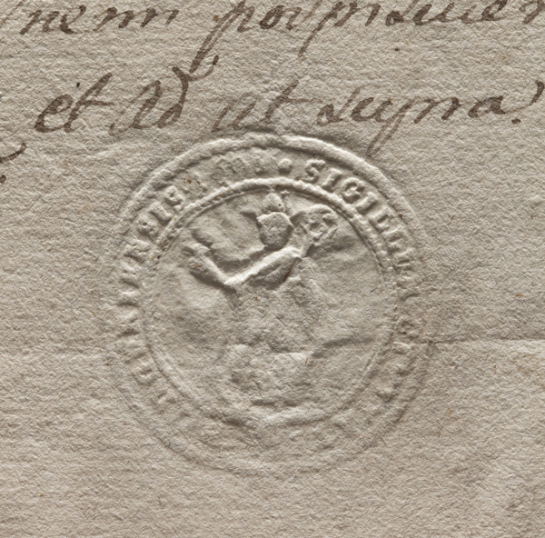 Round imprint of the seal of the town of Podgórze. Figure of a bishop in a miter holding a crosier.