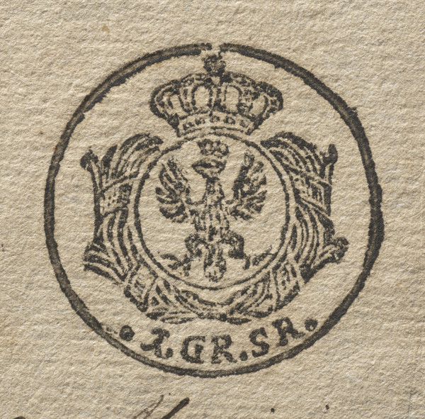 Round seal impression of the town of Proszowice, Kraków Voivodeship. In a round, baroque cartouche