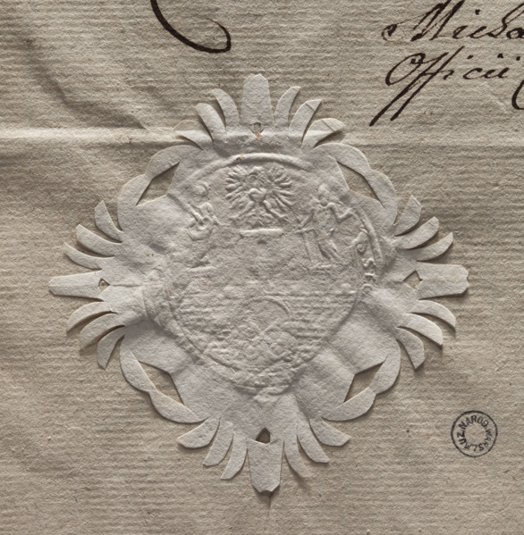 Circular imprint of the seal of the city of Poznan. City wall with an open gate, within it two
