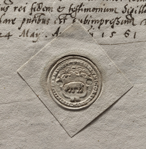 Round seal impression of the town of Przemysl, Ruthenian Voivodeship. In a decorative cartouche a
