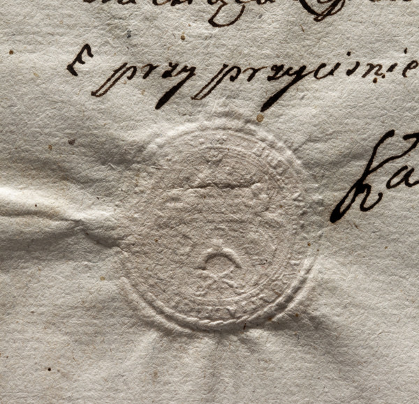 Round imprint of the seal of the town of Praga near Warsaw. The upper part of the drawing is