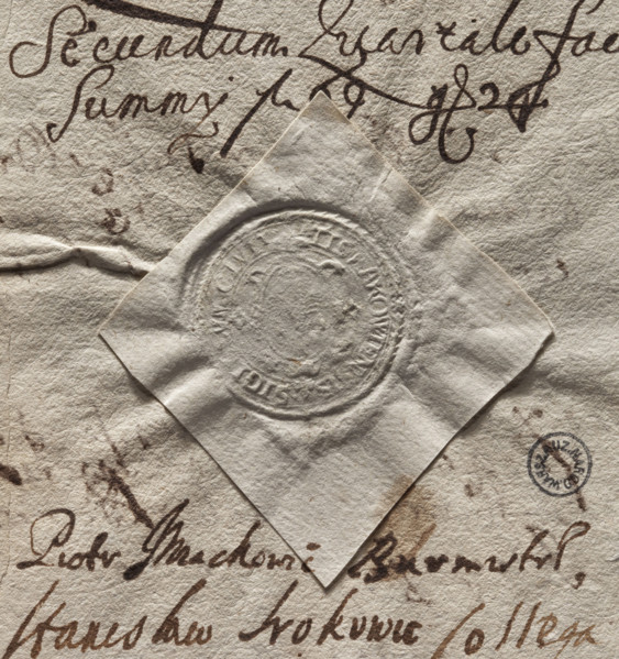 Round seal impression of the town of Raków. Oval cartouche with an illegible drawing of a crayfish
