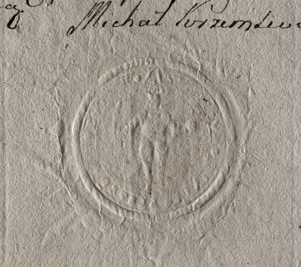 Round seal impression of the town of Skaryszew near Warsaw. In the central field, a knight in