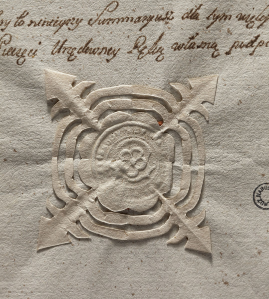 Round seal impression of the town of Slomnik, Sandomierz Voivodeship. In the cartouche a