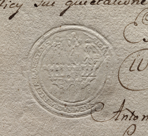 Round seal imprint of the town of Srem, Poznan Voivodeship. Round seal showing a city gate in a