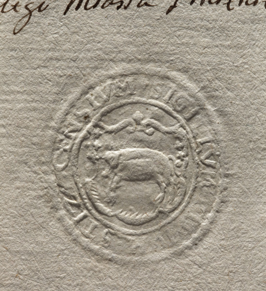 Oval seal impression of the town of Stezyca. In a decorative cartouche, a pig facing right.