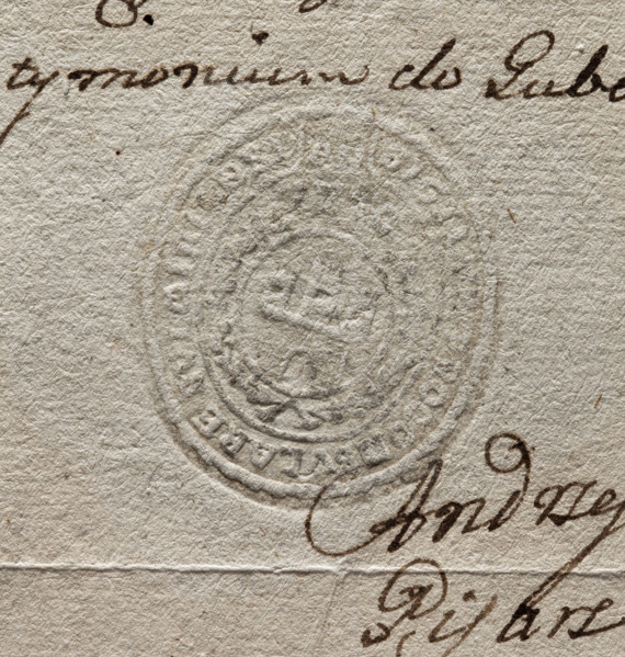 Oval seal impression of the town of Sulmierzyce, Kalisz Voivodeship. In an oval cartouche