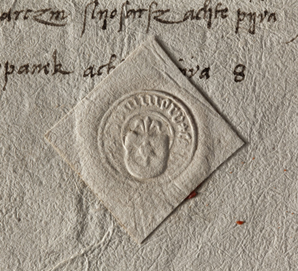 Round dry seal impression of the town of Tarnów. On the shield the Leliwa coat of arms with a jewel