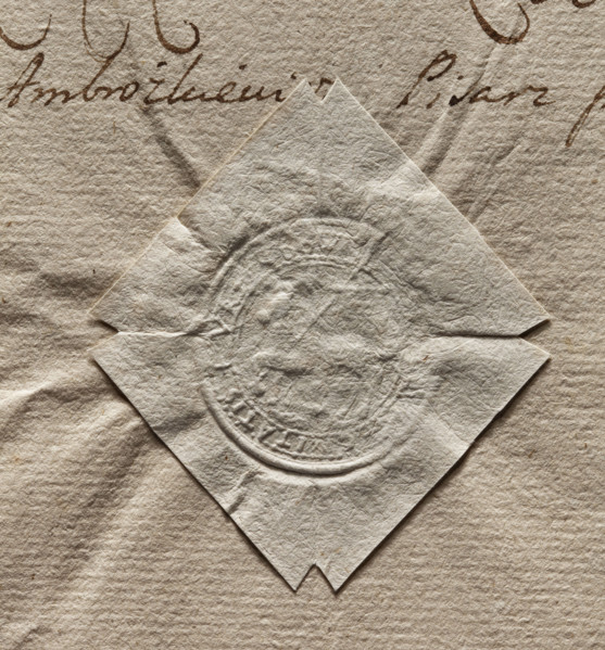 Round dry impression seal of the town of Urzedowa, Lublin Voivodeship (1782). Round seal with a