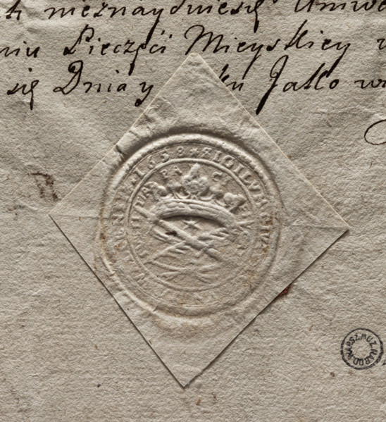 Round dry seal impression of the town of Walcz, Pila Voivodeship, 1658. Round seal showing a crown