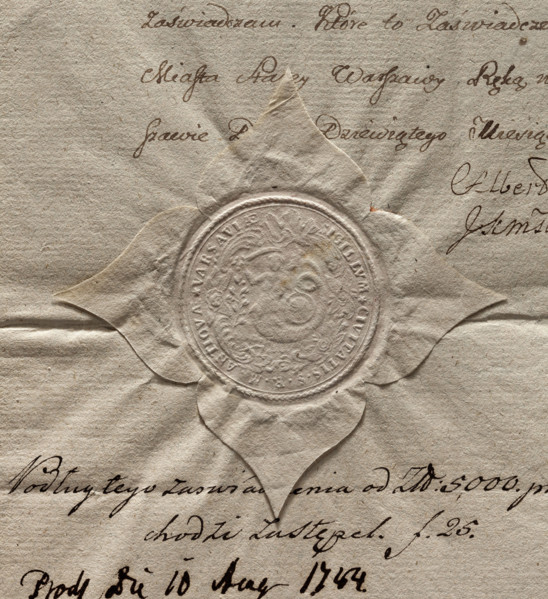 Round impression of the seal of the city of Warsaw. In a Baroque cartouche a mermaid with a fish