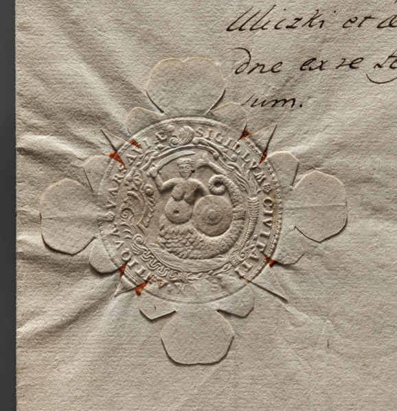 Round impression of the seal of the city of Warsaw. In a baroque cartouche a mermaid with a fish