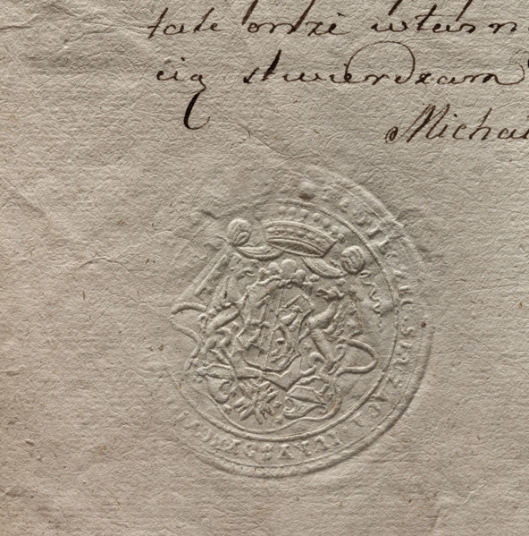 Round dry impression of the seal of the entail jurisdiction of the city of Warsaw. Beneath the