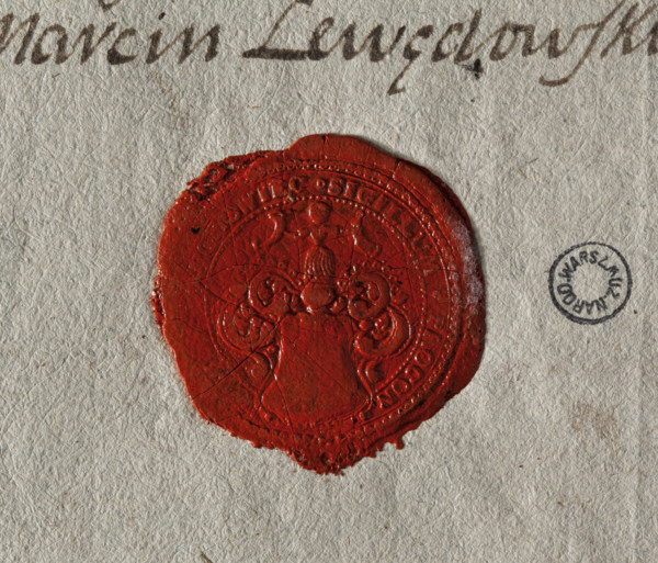 Round seal impression of the town of Wagrowiec, Pila Voivodeship. Coat of arms with an illegible