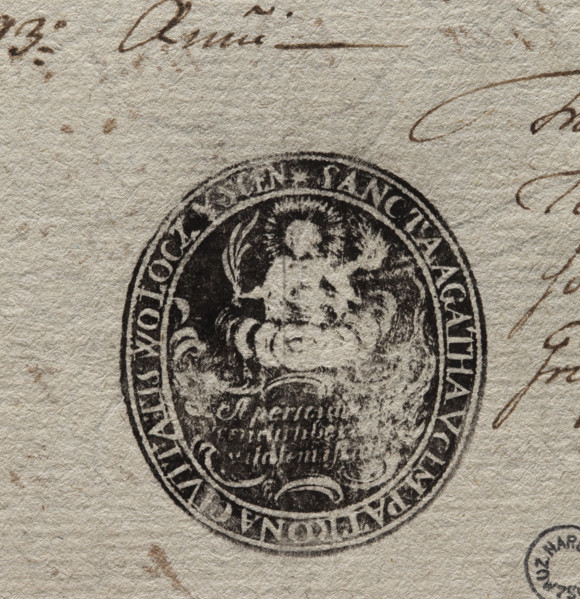 Oval ink print of the seal of the town of Woloczyska, Volhynian Voivodeship, Krzesieniecki County.