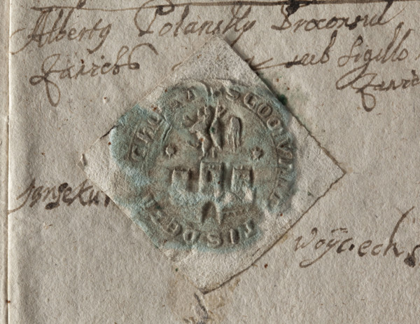 Round dry impression of the city seal of Zawichost (1673). Round seal showing a city wall with an