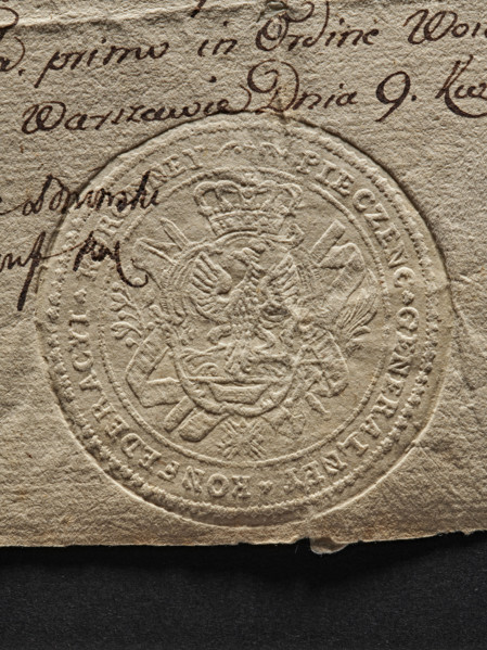Round imprint of the seal of the General Crown Confederation. In a decorative cartouche, a crowned