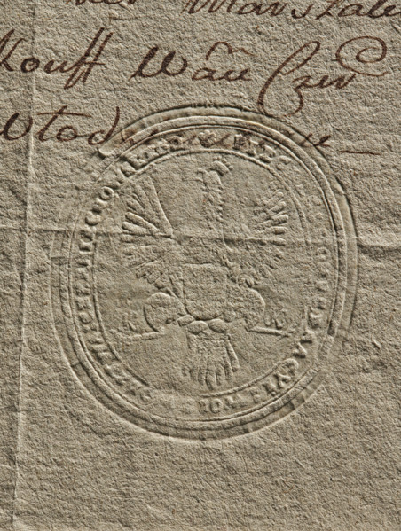 Oval imprint of the seal of the Confederation of the Czerniechów Voivodeship. A crowned eagle with