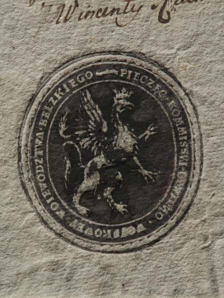 Oval ink print of the seal of the Civil-Military Commission of the Belz Voivodeship. Griffin turned