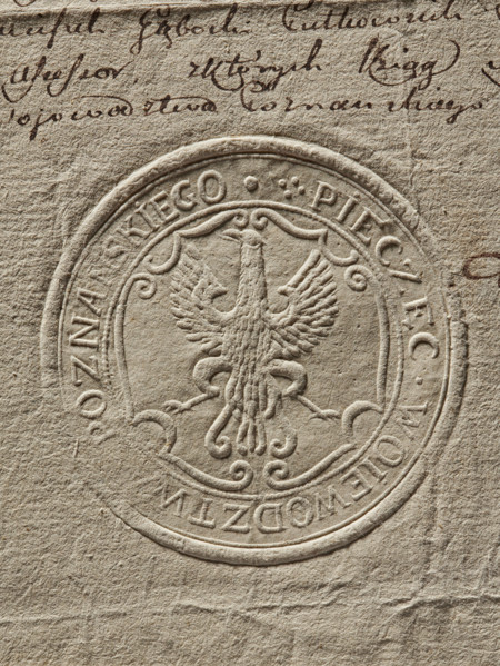 Round seal of the Poznan Voivodeship. Dry impression on a document; round land seal with an eagle