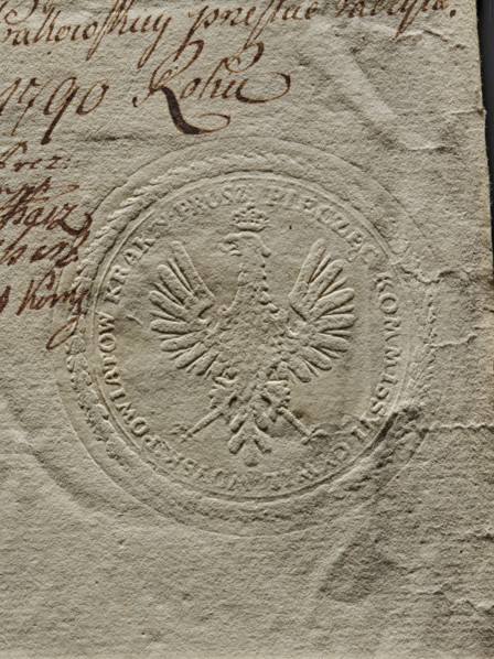 Round seal impression of the Civil-Military Commission of the Kraków Voivodeship. Polish eagle with