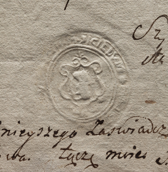 Oval wax seal impression of the town of Luków, Podlaskie Voivodeship. In the oval cartouche the