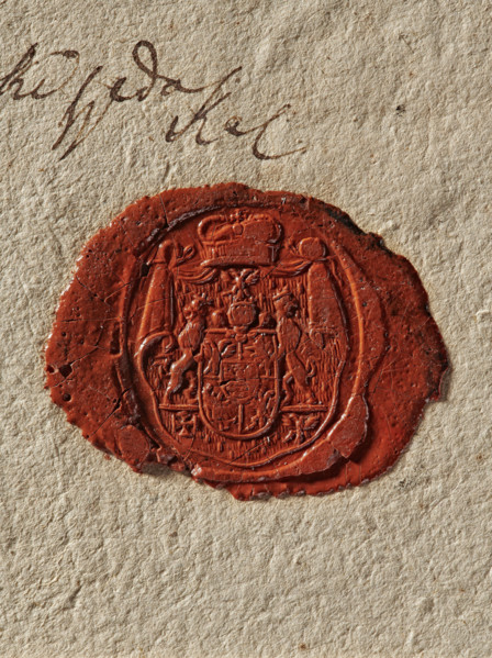 Oval wax seal impression of Prince August Kazimierz Sulkowski (1729–1786). Under the mitre, on an