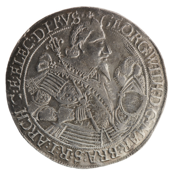 Half thaler, 1636. Obverse: torso facing right in collar and decorative armour, girded with a sash,