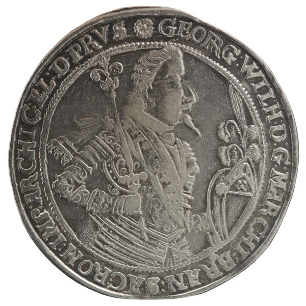 Thaler depicting male bust in armor: George William of Hohenzollern (Elector of Brandenburg; Duke