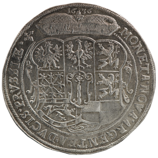 Thaler; male bust in armour, coats of arms; George William Hohenzollern (Elector of Brandenburg;