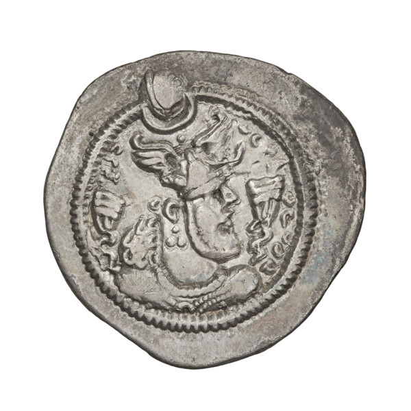 Drachma of Peroz I (ruler of Persia; 459–484). Obverse: bust of Peroz I facing right, wearing a