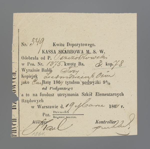 Receipt for paid fire tax, National Government, Treasury Cashier's receipt, registered receipt,