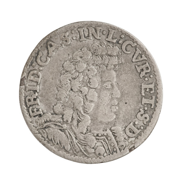 Obverse: In the border a male bust in armor and a wig turned to the right, separating the