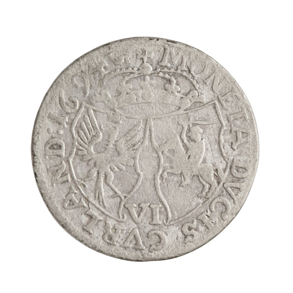 Obverse: in the border, a male bust in armor and a wig turned to the right, dividing the