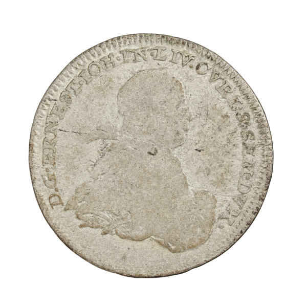 Obverse: male bust in armour and wig, turned to the right, divides an inscription in the rim; on