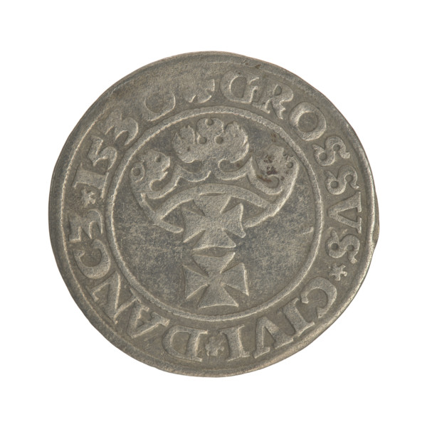 Gdansk grosz, Sigismund I the Old (King of Poland; 1506–1548). Polish coin (1530). Obverse: Crowned