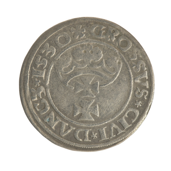Gdansk grosz, Sigismund I the Old (King of Poland; 1506–1548). Silver coin, 1530. Obverse: Crowned