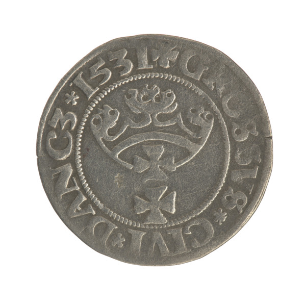 Gdansk grosz, Sigismund I the Old (King of Poland; 1506–1548). Obverse: Crowned male bust in