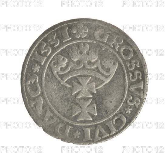Gdansk grosz, Sigismund I the Old (King of Poland; 1506–1548). Silver coin (1531). Obverse: Crowned