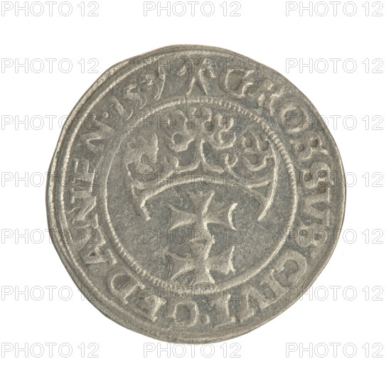 Gdansk grosz, Sigismund I the Old (King of Poland; 1506–1548). Silver coin (1539). Obverse: Crowned