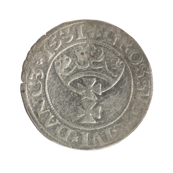 Gdansk grosz, Sigismund I the Old (King of Poland; 1506–1548). Polish coin (1531). Obverse: Crowned